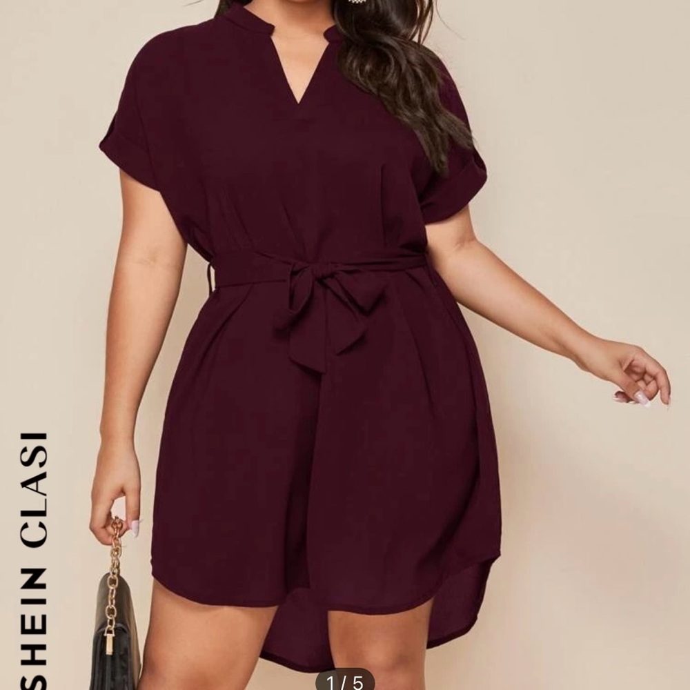 Notched Neck Belted Tunic Dress